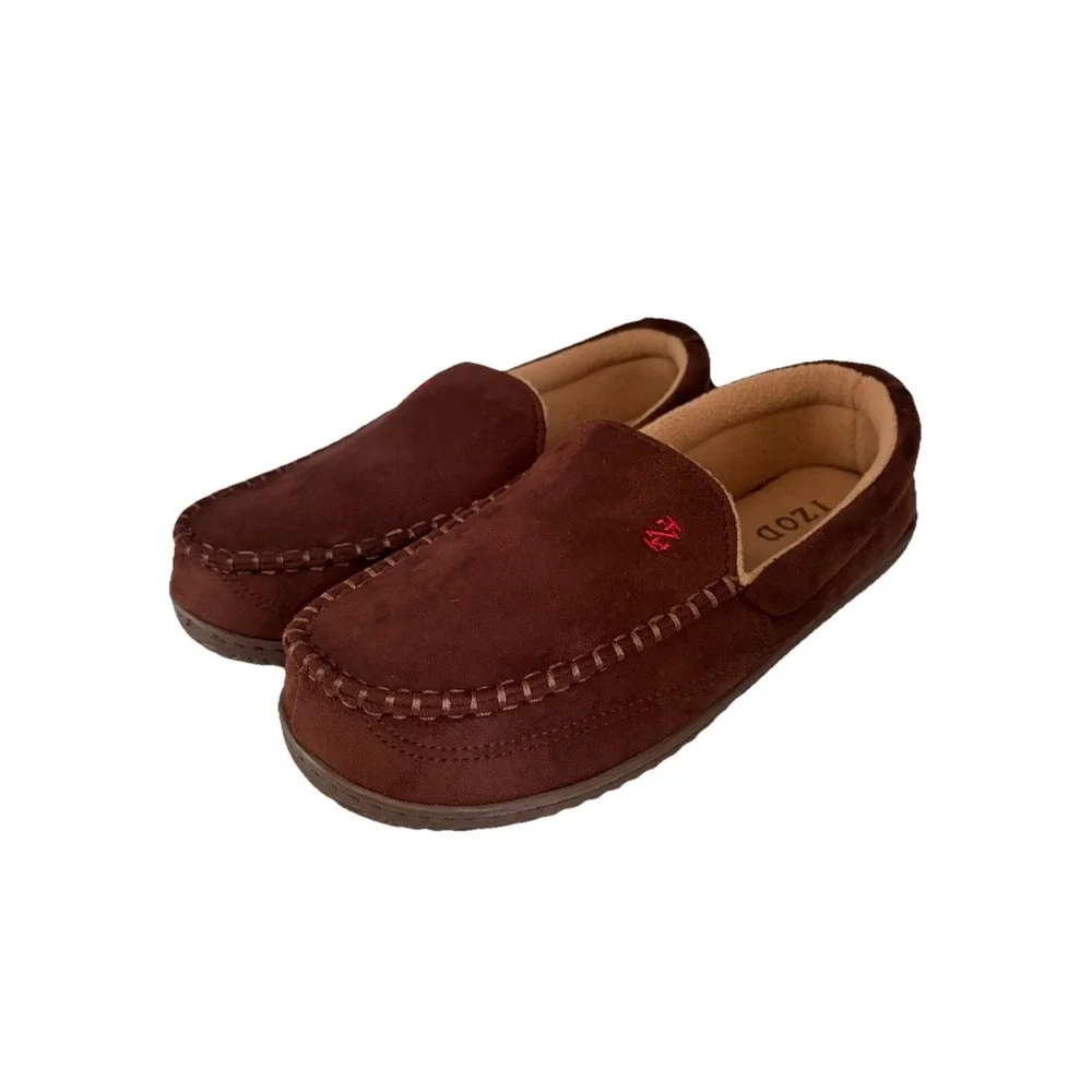 IZOD Men Brown Suede Faux Fur Lined Memory Foam Moccasin Slippers Size L‎ 9-10
